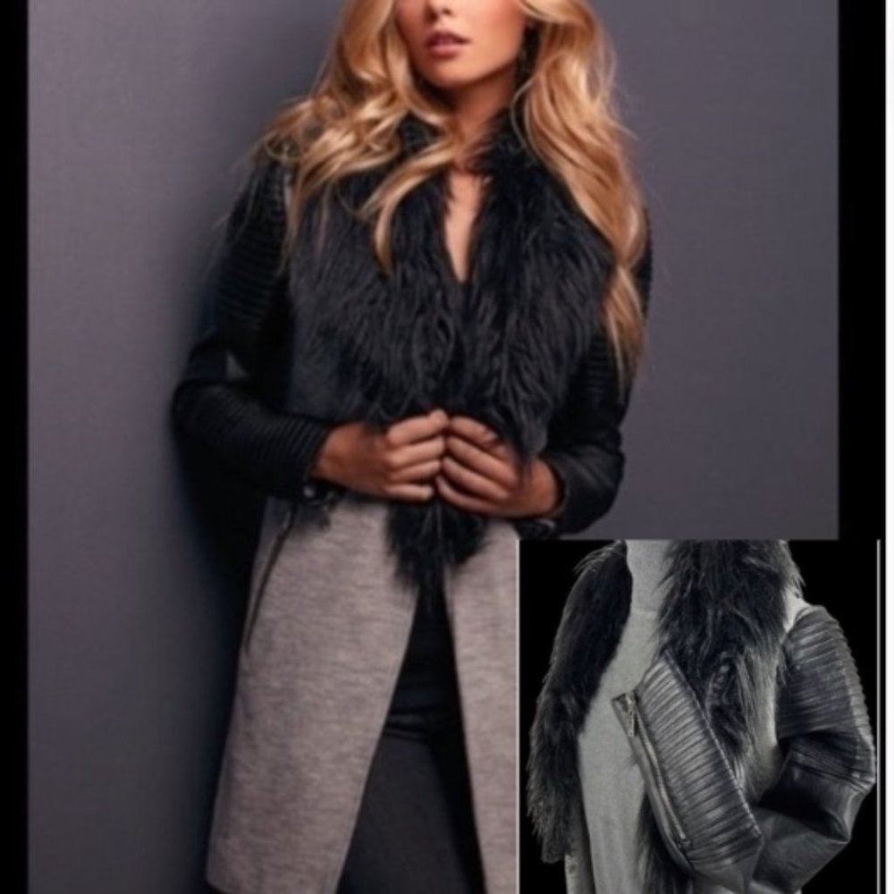 Alberto Makali Grey Wool Jersey Coat Sz M Black Vegan Leather & Faux Fur Collar